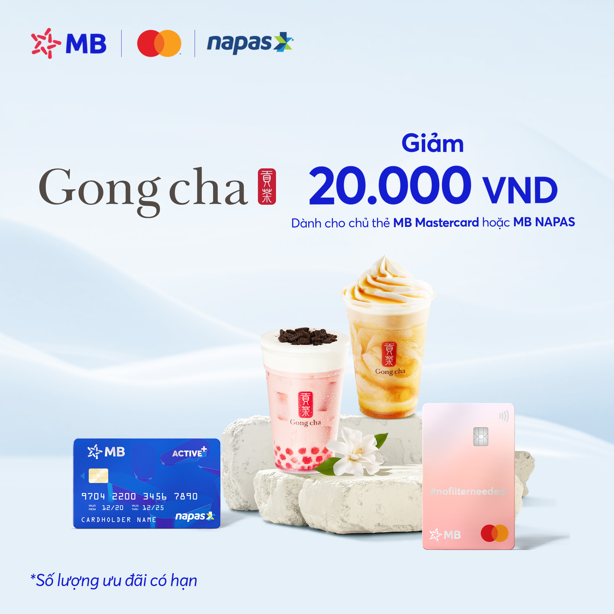 Giảm 20K khi thanh toán chạm thẻ MB Mastercard hoặc MB NAPAS tại GONG CHA