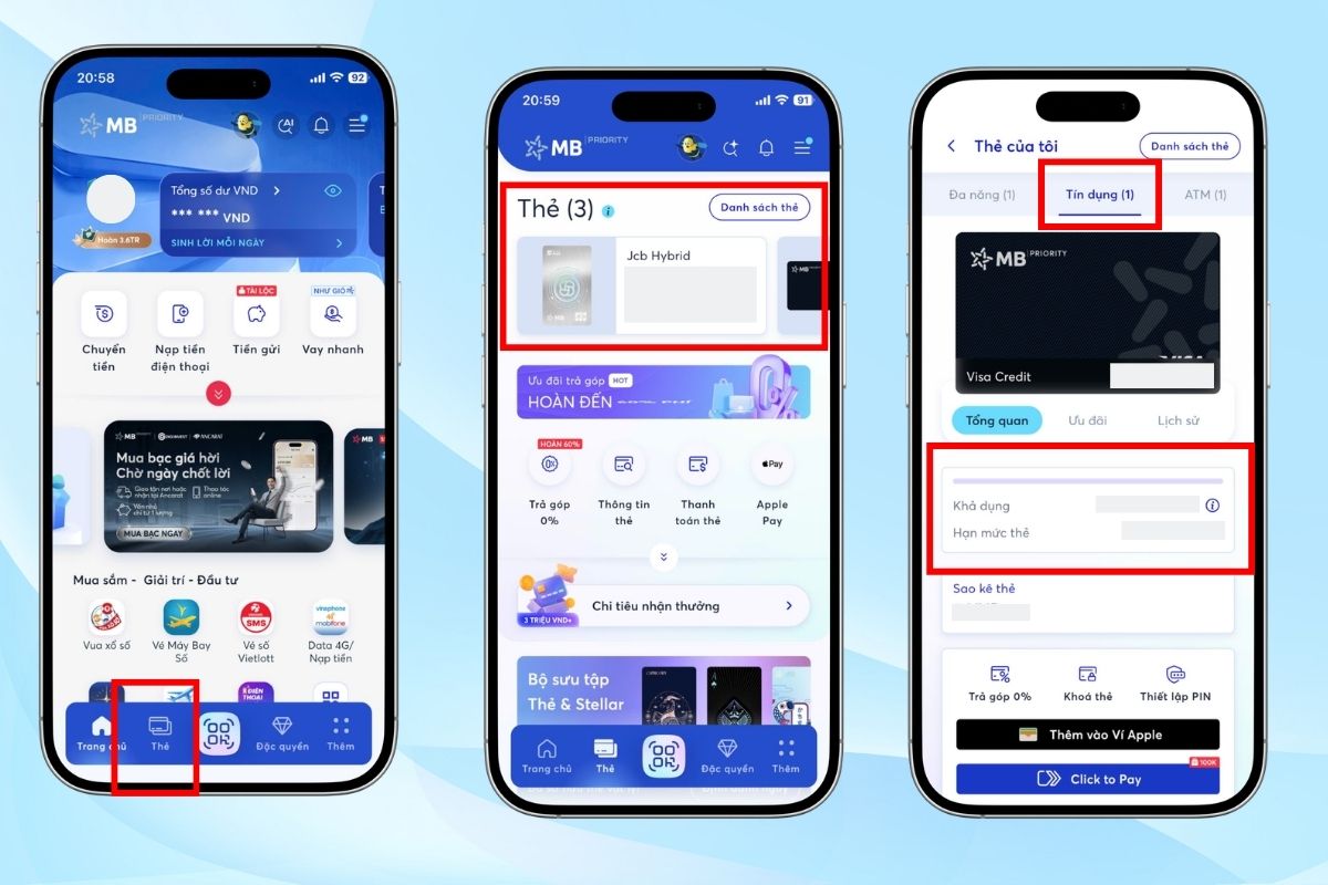 Xem hạn mức thẻ tín dụng nhanh trên App MBBank